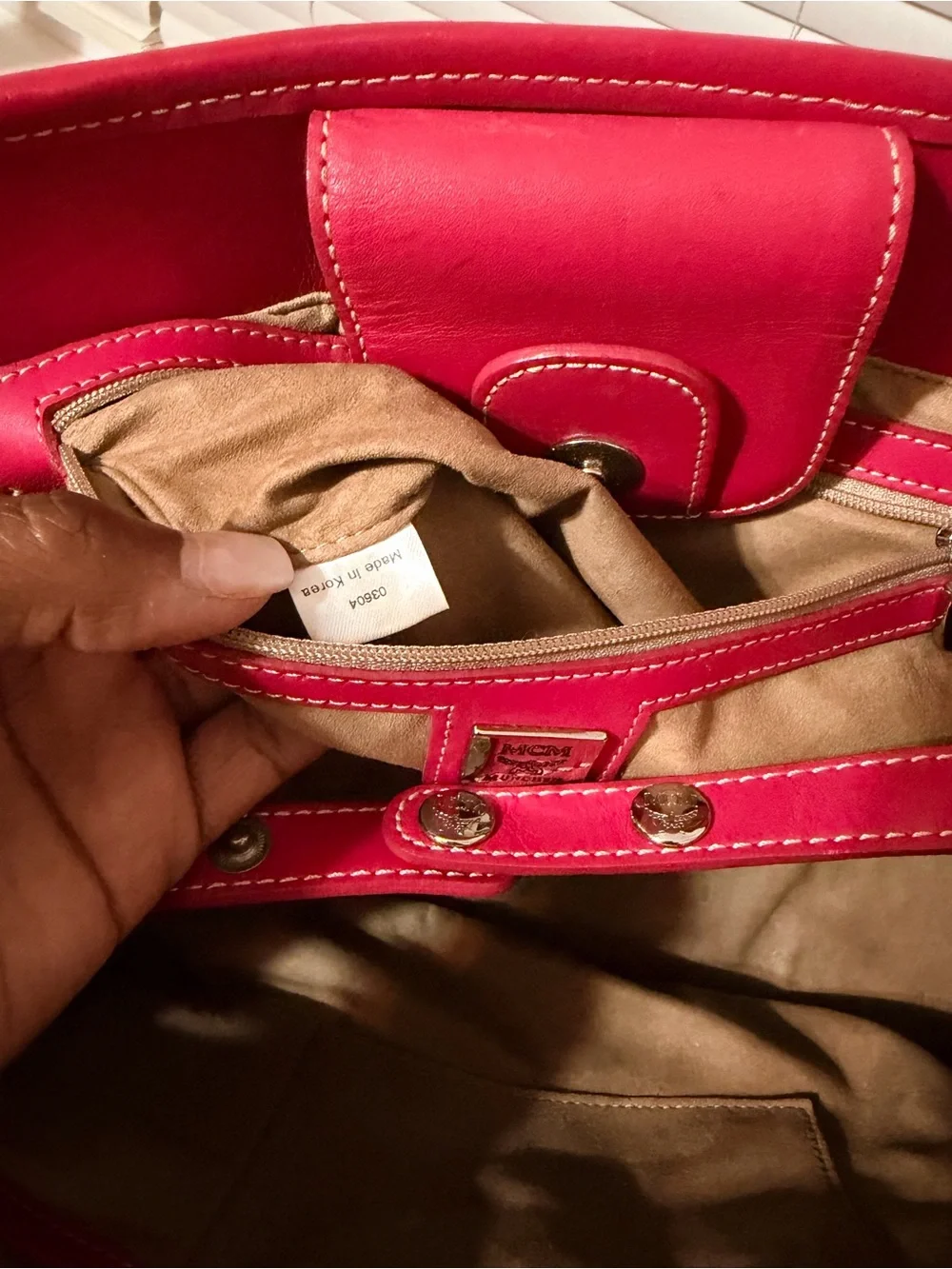 💯 Authentic MCM White & Hot Pink Signature Tote Bag